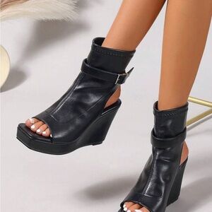 Black Wedge Open-Toe Ankle Boots - Stylish Women's Shoes